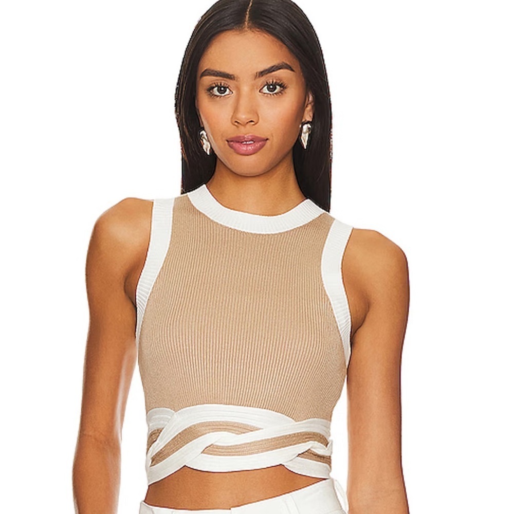 Women's Tan and White Sleeveless Top